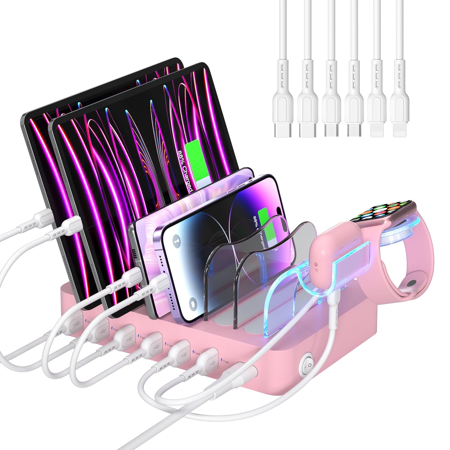 SooPii CS61 charging station with 6 ports and mixed cables, 50W power adapter for multiple device charging.