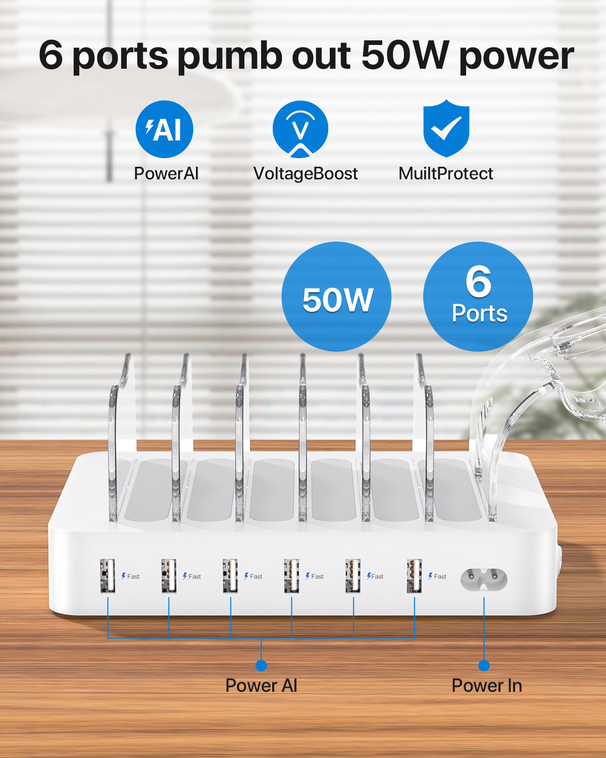 SooPii CS61 charging station with 50W power, 6 ports, and 6 assorted cables for simultaneous device charging.