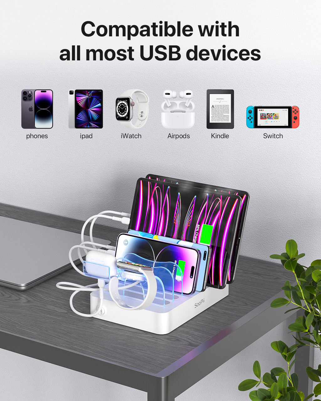 SooPii CS61 charging station with 6 ports and mixed cables, 50W power for charging multiple devices simultaneously.