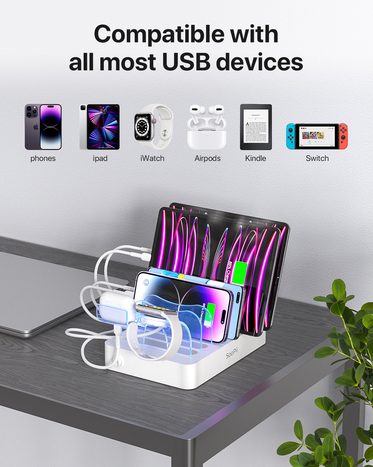 SooPii CS61 charging station with 6 ports and mixed cables, 50W power for charging multiple devices simultaneously.