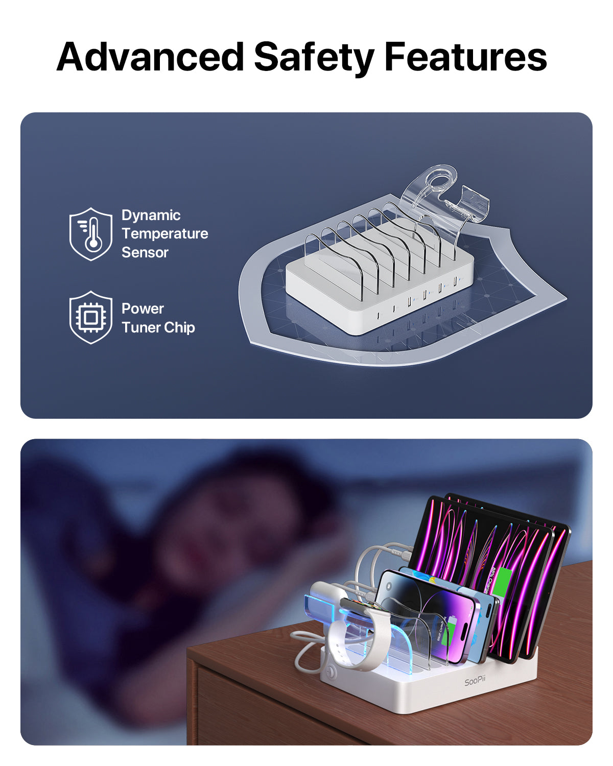 SooPii CS61 charging station with 6 ports and mixed cables, 50W power, compact black design for efficient device charging.
