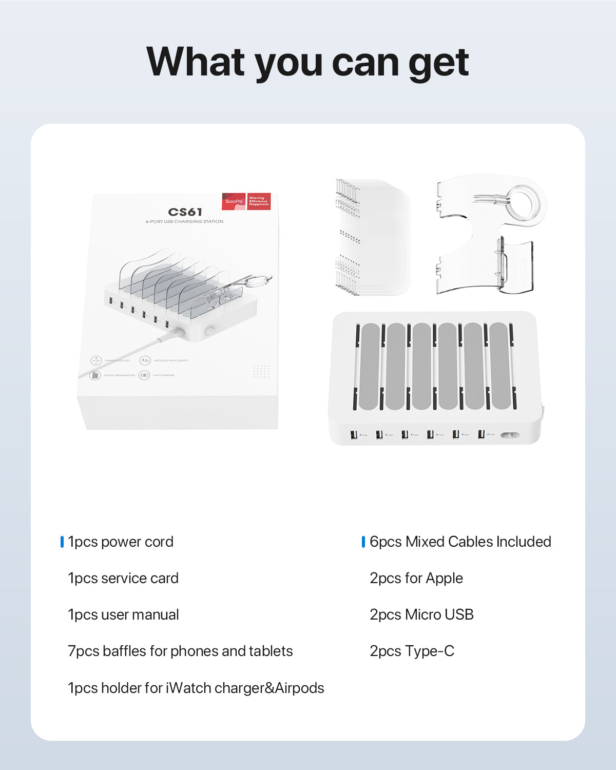 SooPii CS61 charging station with 6 ports and 50W power, featuring six mixed charging cables on a sleek black surface.