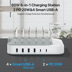 SooPii CS65 charging station with 6 ports and 2 Power Delivery ports, featuring six mixed charging cables on a clean surface.