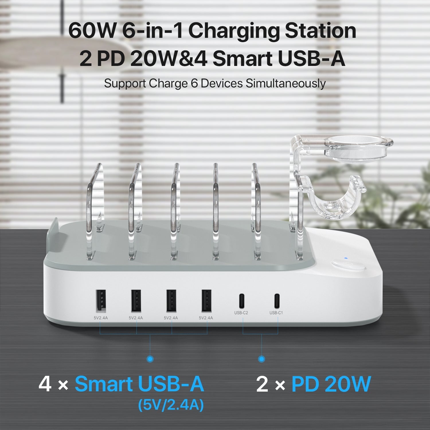 SooPii CS65 charging station with 6 ports and 2 Power Delivery ports, featuring six mixed charging cables on a clean surface.