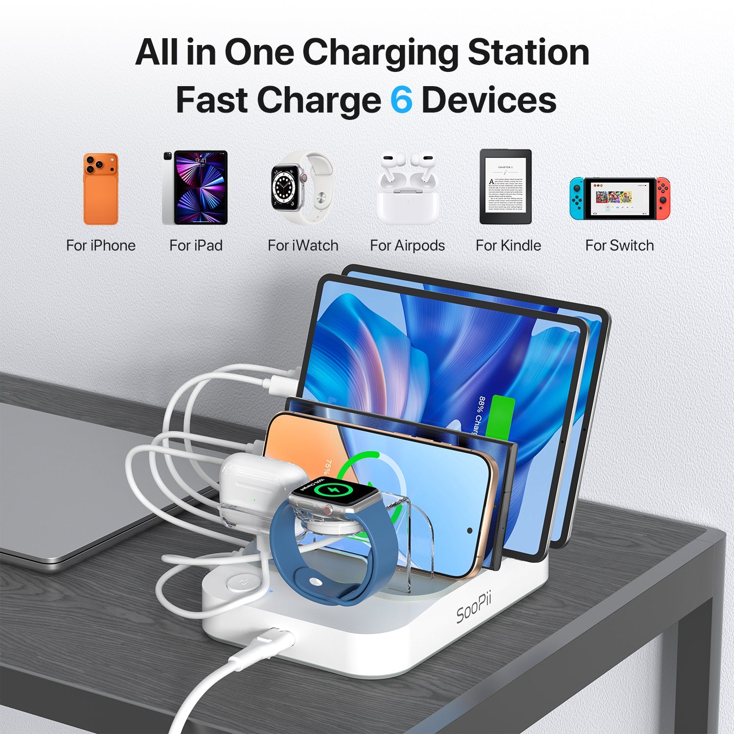 SooPii CS65 charging station with 6 ports, 60W power, 2 PD ports, and six mixed cables for versatile device charging.