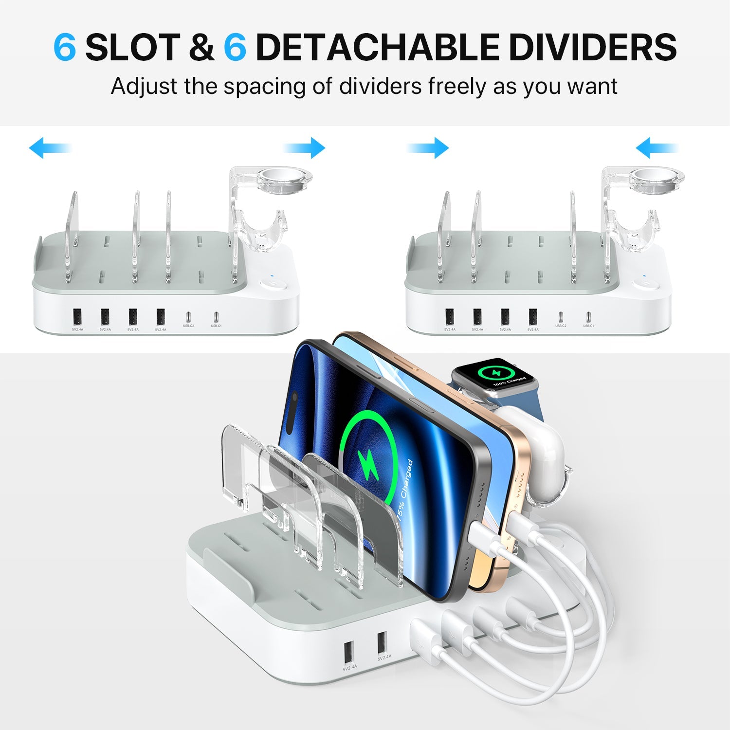 SooPii CS65 charging station with 6 ports and mixed cables, 60W power, featuring two Power Delivery ports for fast charging.