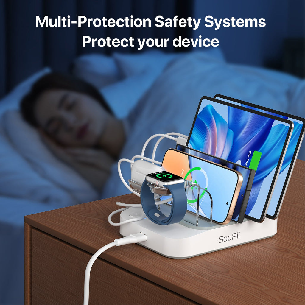 SooPii CS65 charging station with 6 ports and 2 PD, featuring six mixed cables for versatile device charging.