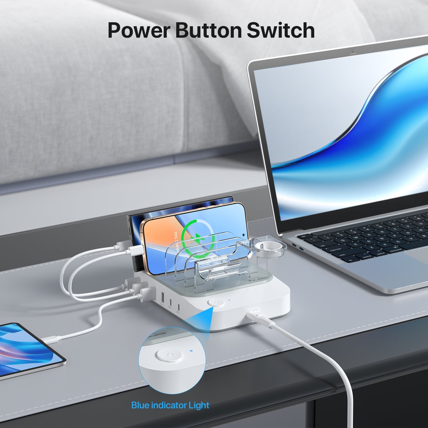 SooPii CS65 charging station with 6 ports, 60W power, 2 PD ports, and six mixed charging cables on a white background.