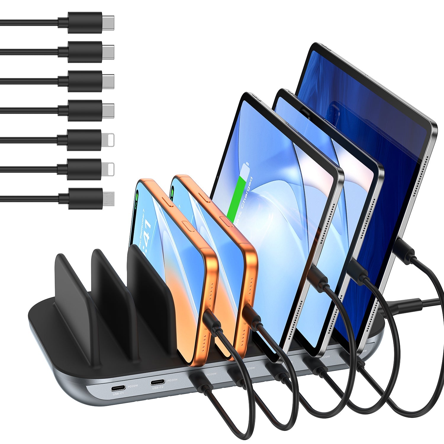 SooPii CS70 Pro charging station with 7 ports, 140W power, and 7 mixed cables for versatile device charging.