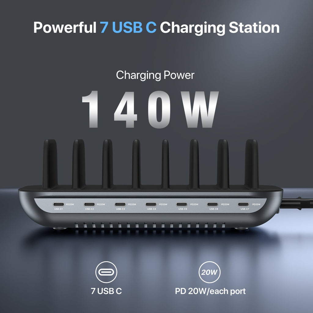 SooPii CS70 Pro charging station with 7 ports, 140W power, 7 mixed cables for versatile device charging.