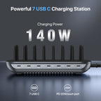 SooPii CS70 Pro charging station with 7 ports, 140W power, 7 mixed cables for versatile device charging.