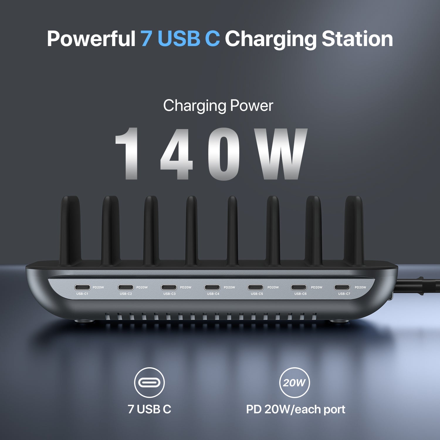 SooPii CS70 Pro charging station with 7 ports, 140W power, 7 mixed cables for versatile device charging.
