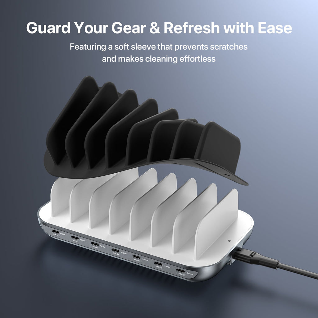 SooPii CS70 Pro charging station with 7 ports, 140W power, and 7 mixed cables for fast device charging.