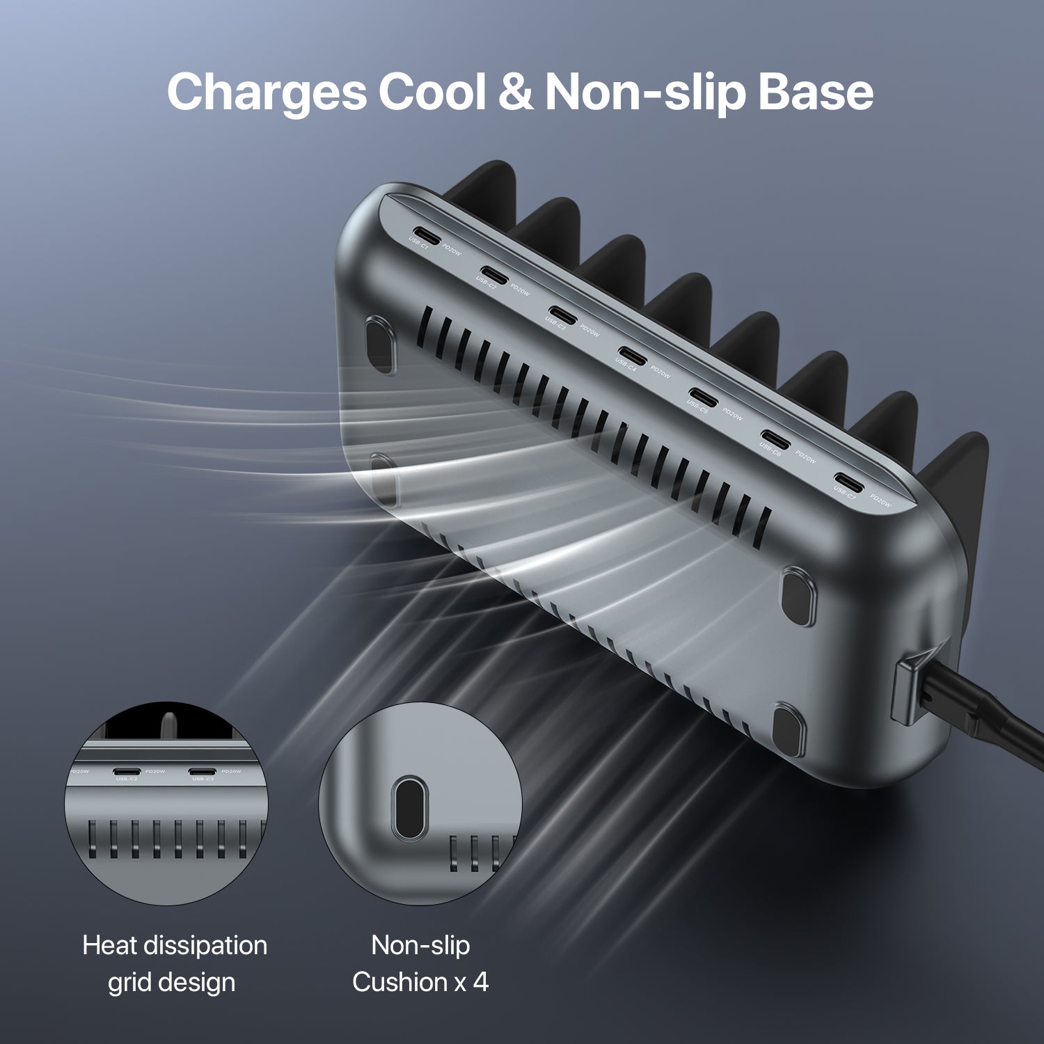 SooPii CS70 Pro charging station with 7 ports and mixed cables, 140W power, for fast device charging and organization.