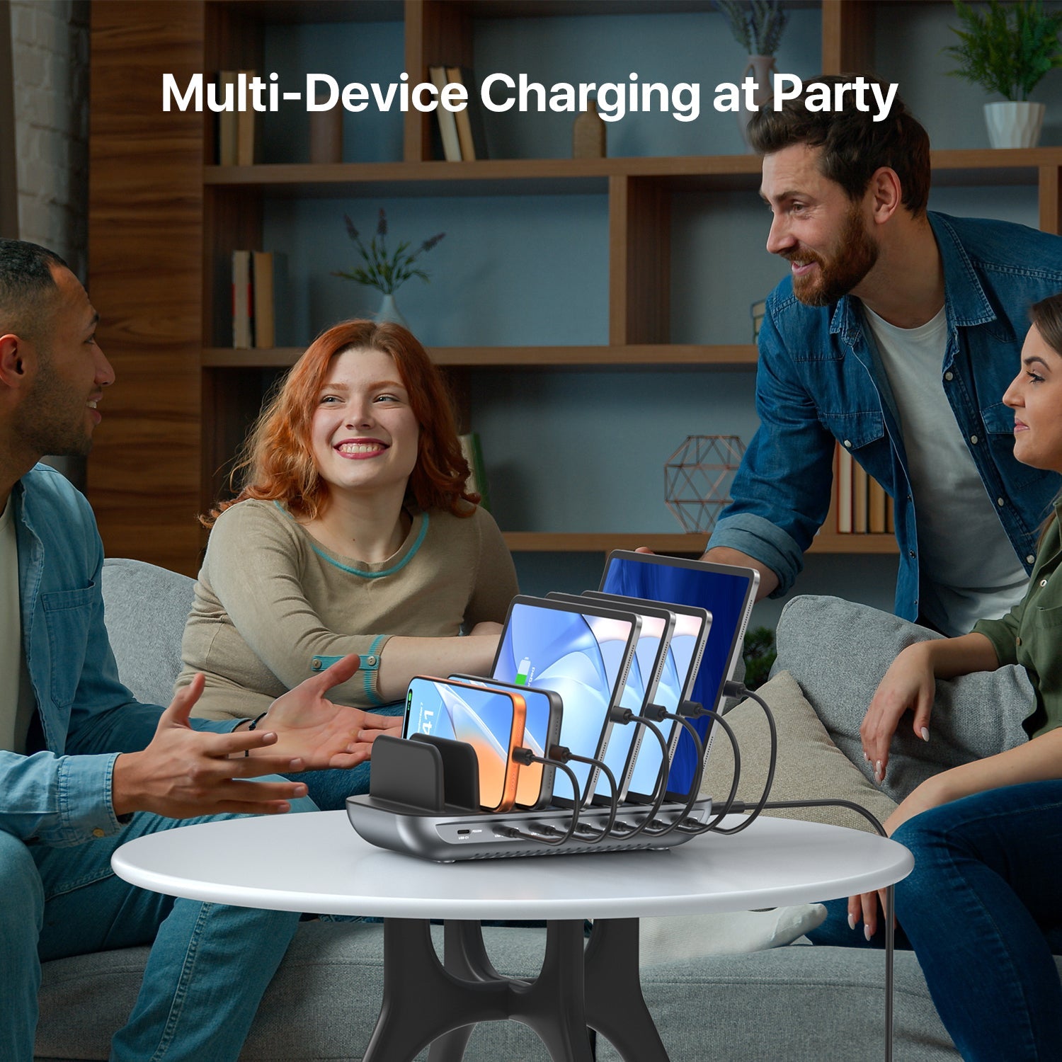 SooPii CS70 Pro charging station with 7 ports, 140W power, and 7 mixed cables for versatile device charging.