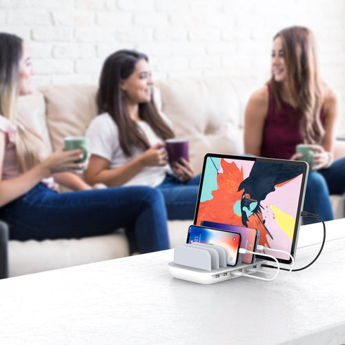 SooPii CS70 charging station with 70W power, 7 ports, PD support, and 7 mixed charging cables on a sleek black surface.