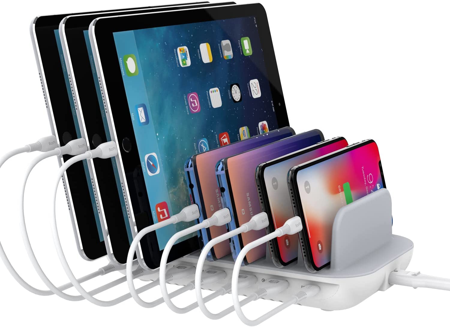 SooPii CS70 charging station with 7 ports, 70W power, and 7 mixed cables for efficient device charging.