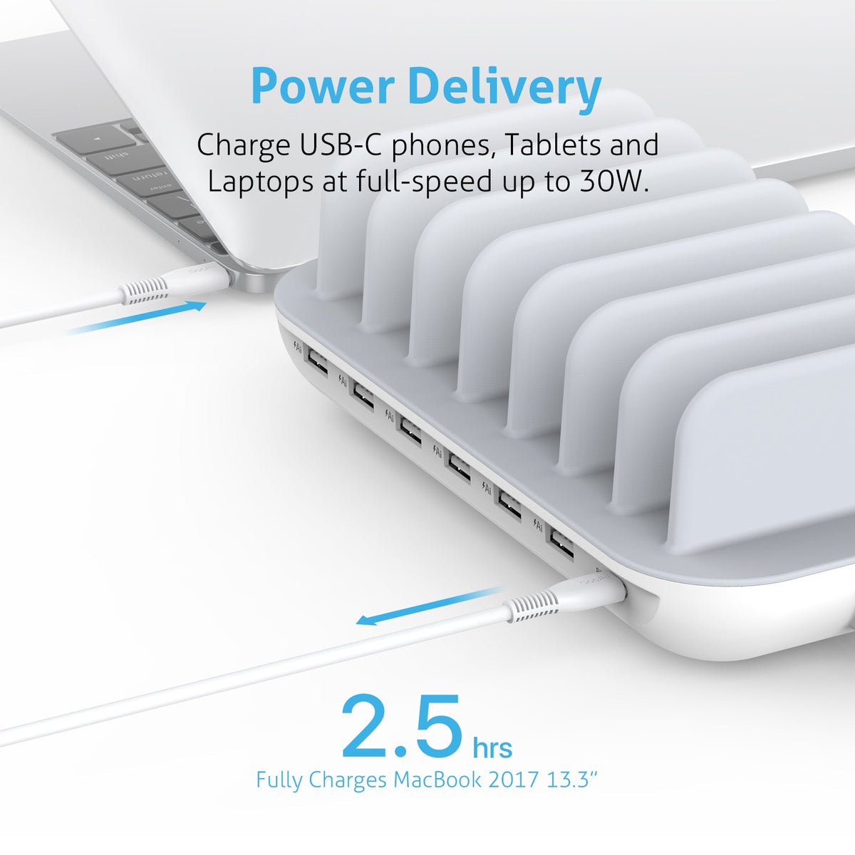 SooPii CS70 charging station with 70W power, 7 ports, PD, and 7 mixed charging cables for versatile device charging.