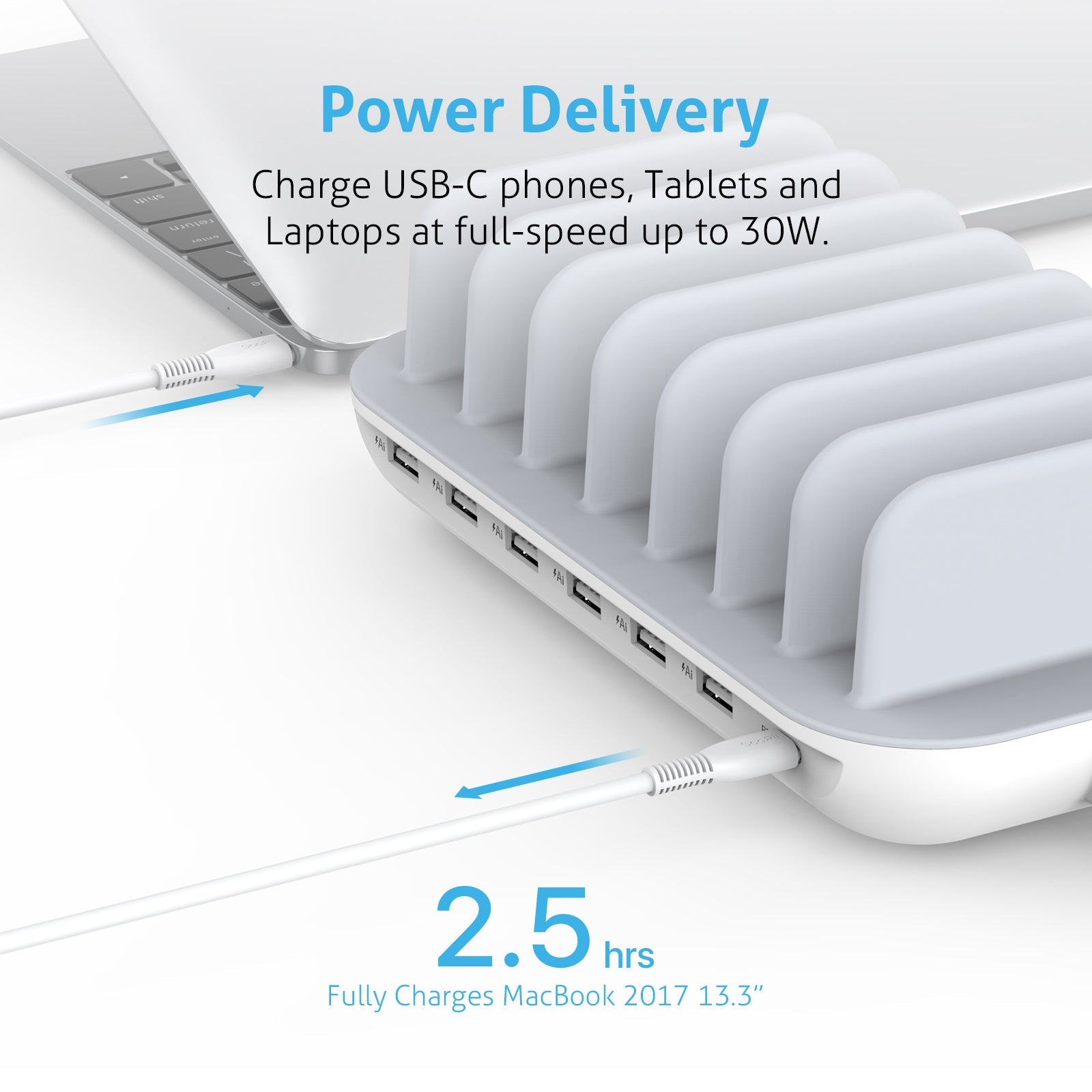 SooPii CS70 charging station with 70W power, 7 ports, PD, and 7 mixed charging cables for versatile device charging.