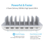 SooPii CS70 charging station with 7 ports and mixed cables, 70W power delivery for multiple devices, black and compact design.