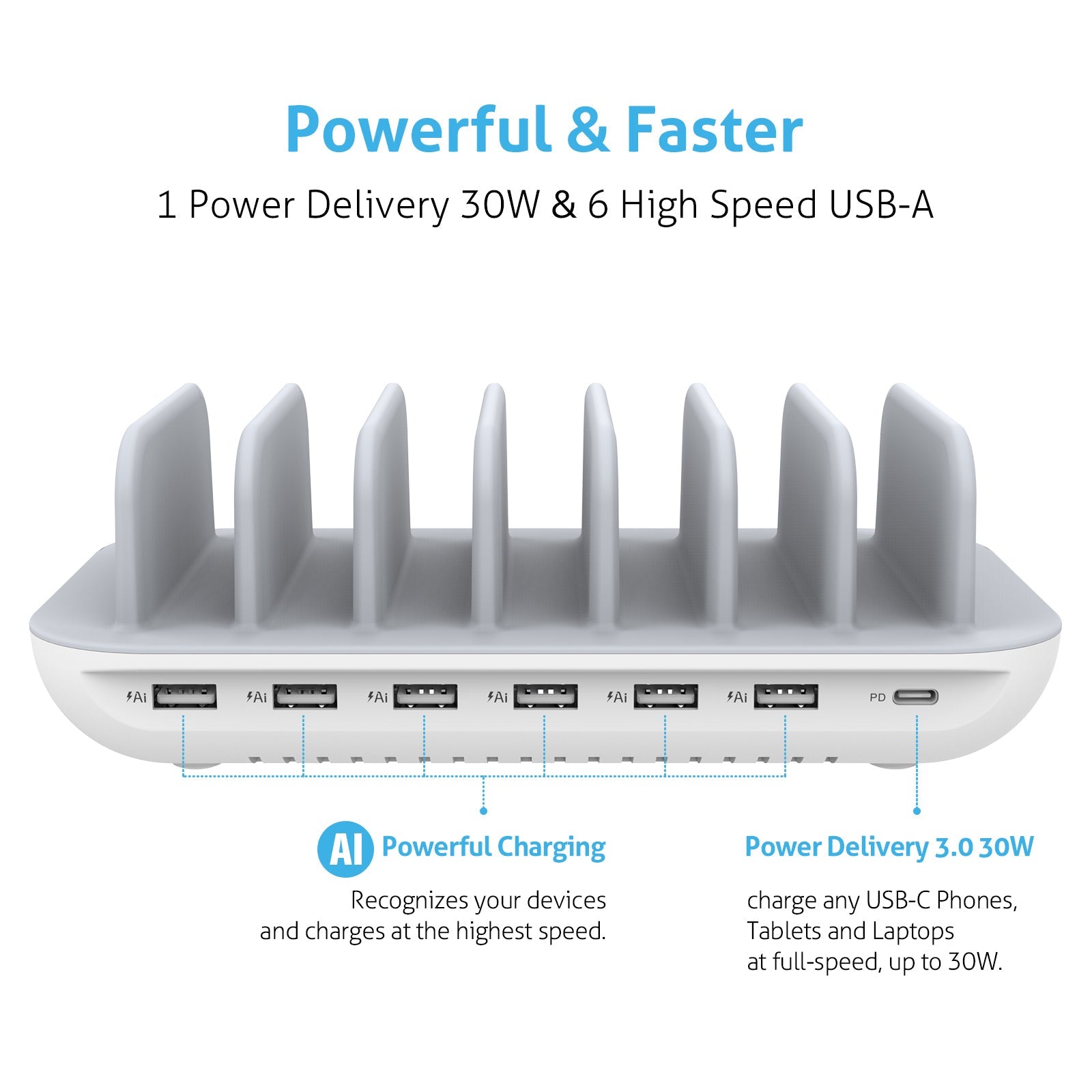 SooPii CS70 charging station with 7 ports and mixed cables, 70W power delivery for multiple devices, black and compact design.
