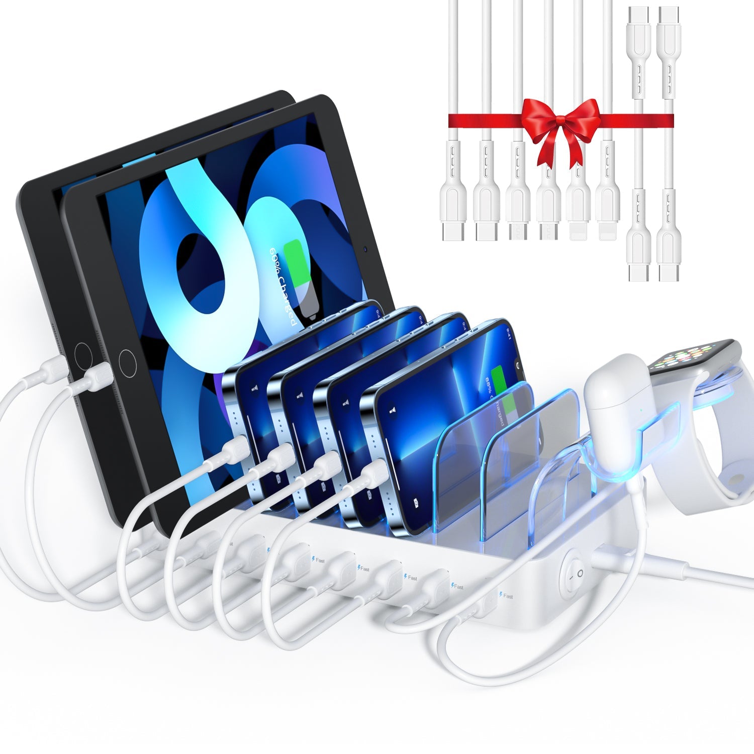 SooPii CS80 charging station with 8 ports, 70W power, 2 PD ports and 8 mixed cables for versatile device charging.