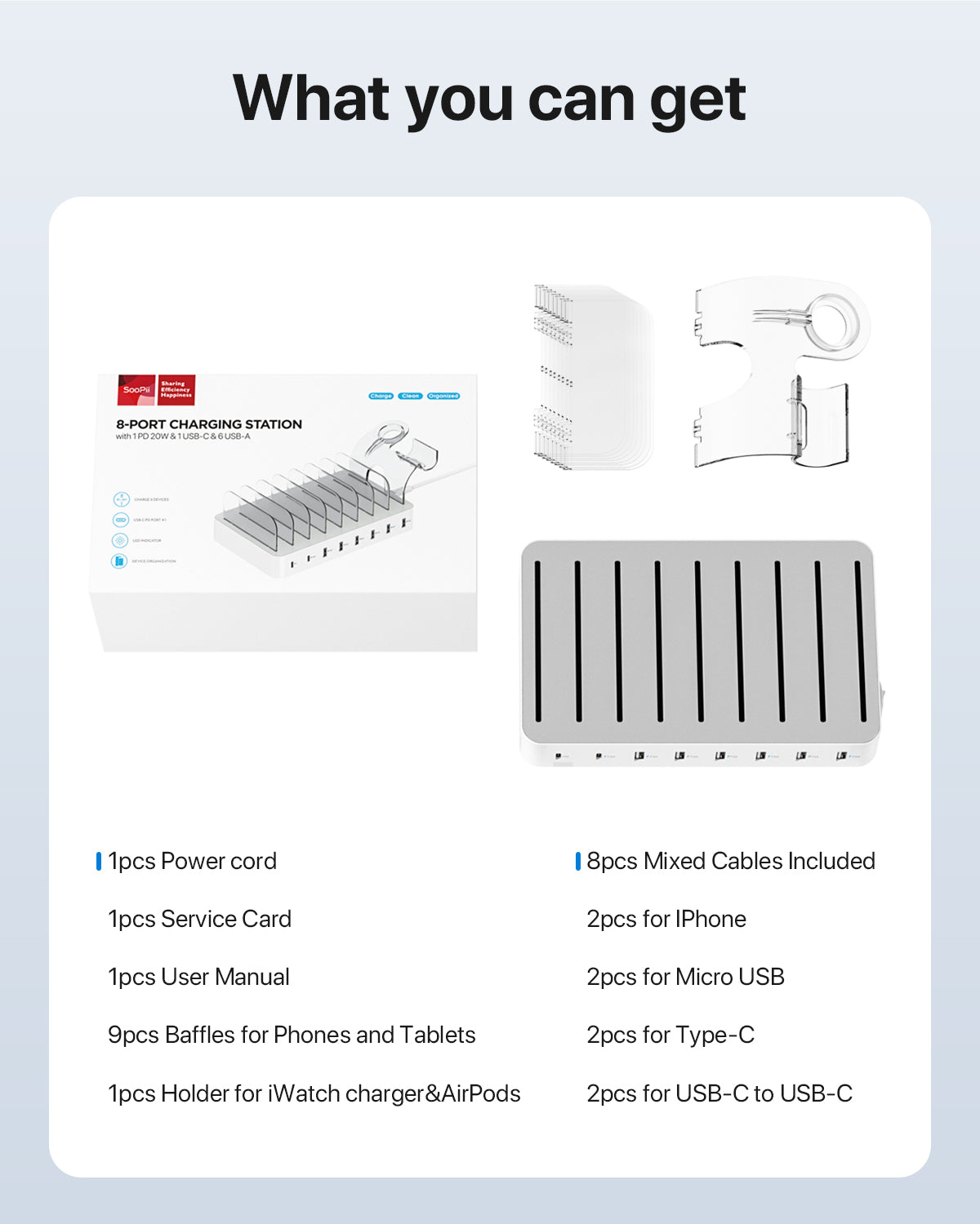 SooPii CS80 charging station with 8 ports and 2 PD, featuring 8 mixed cables for fast device charging.