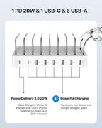 SooPii CS80 Charging Station with 70W power, 8 ports, 2 PD ports, and 8 mixed charging cables on a white background.