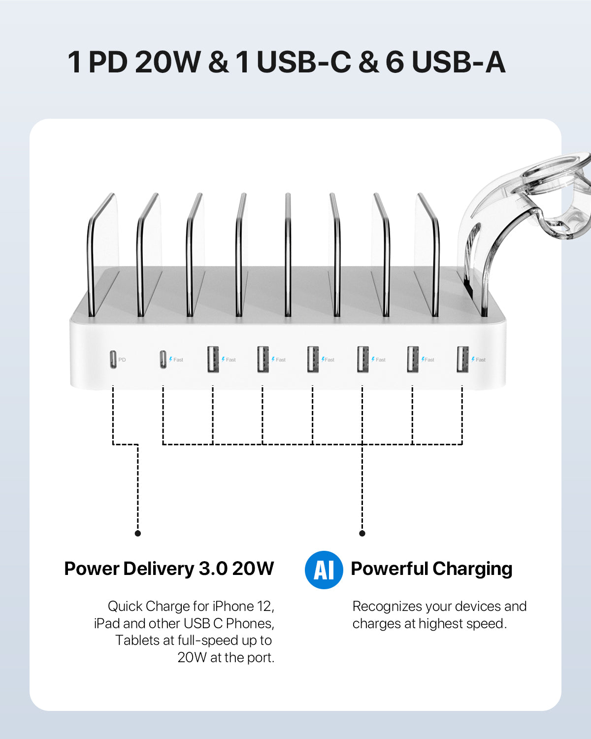 SooPii CS80 Charging Station with 70W power, 8 ports, 2 PD ports, and 8 mixed charging cables on a white background.
