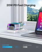 SooPii CS80 charging station with 8 ports, 70W power, 2 PD ports, and 8 mixed cables for versatile device charging.