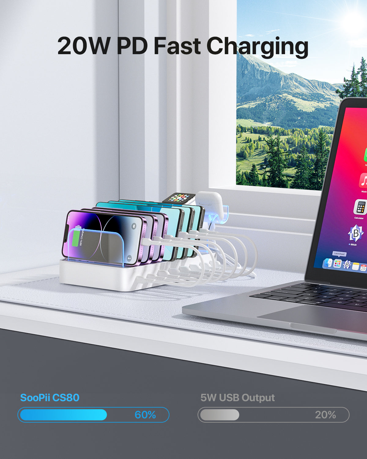 SooPii CS80 charging station with 8 ports, 70W power, 2 PD ports, and 8 mixed cables for versatile device charging.