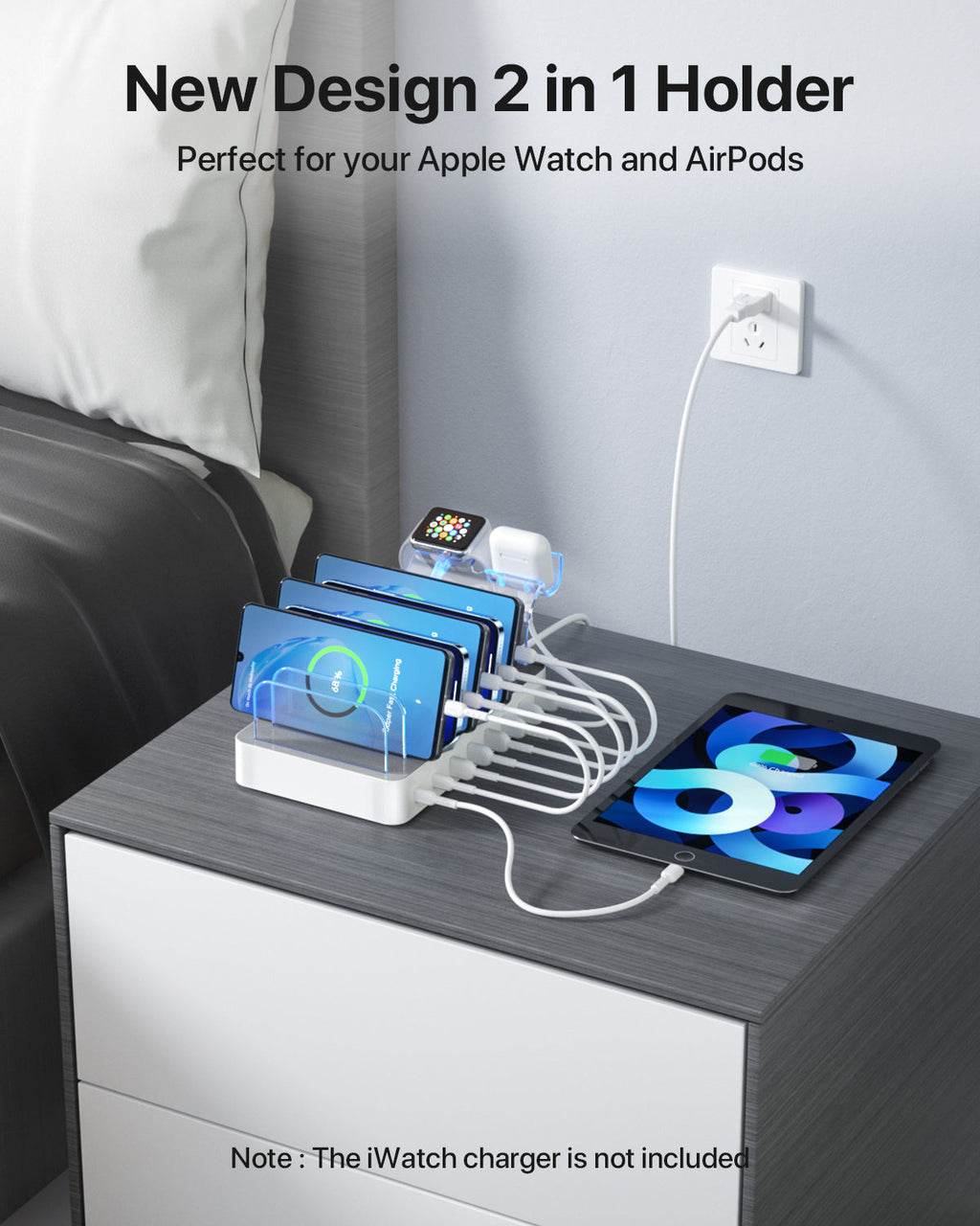 SooPii CS80 Charging Station with 8 ports, 70W power, 2 PD ports, and included mixed charging cables on a white background.