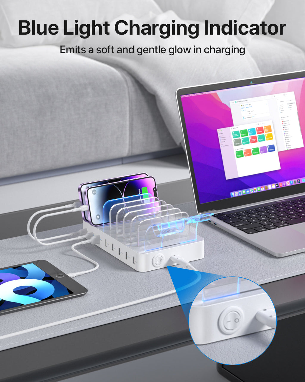 SooPii CS80 charging station with 70W power, 8 ports, 2 PD ports, and 8 mixed charging cables on a white background.