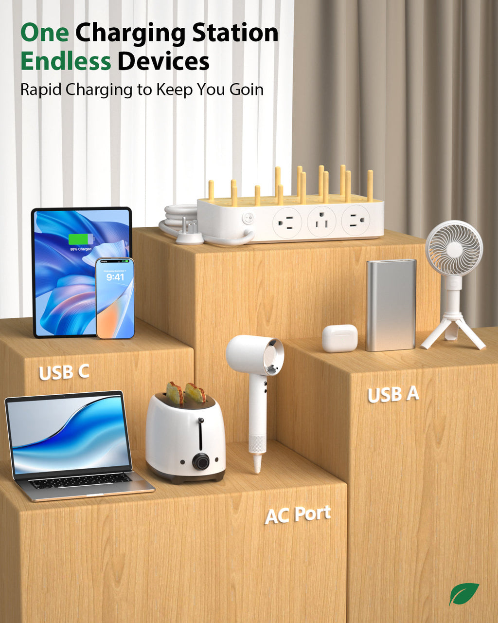 SooPii U3 charging station with 60W, 6 ports, 2 PD, 3 US AC outlets, and 6 mixed charging cables on a desktop.