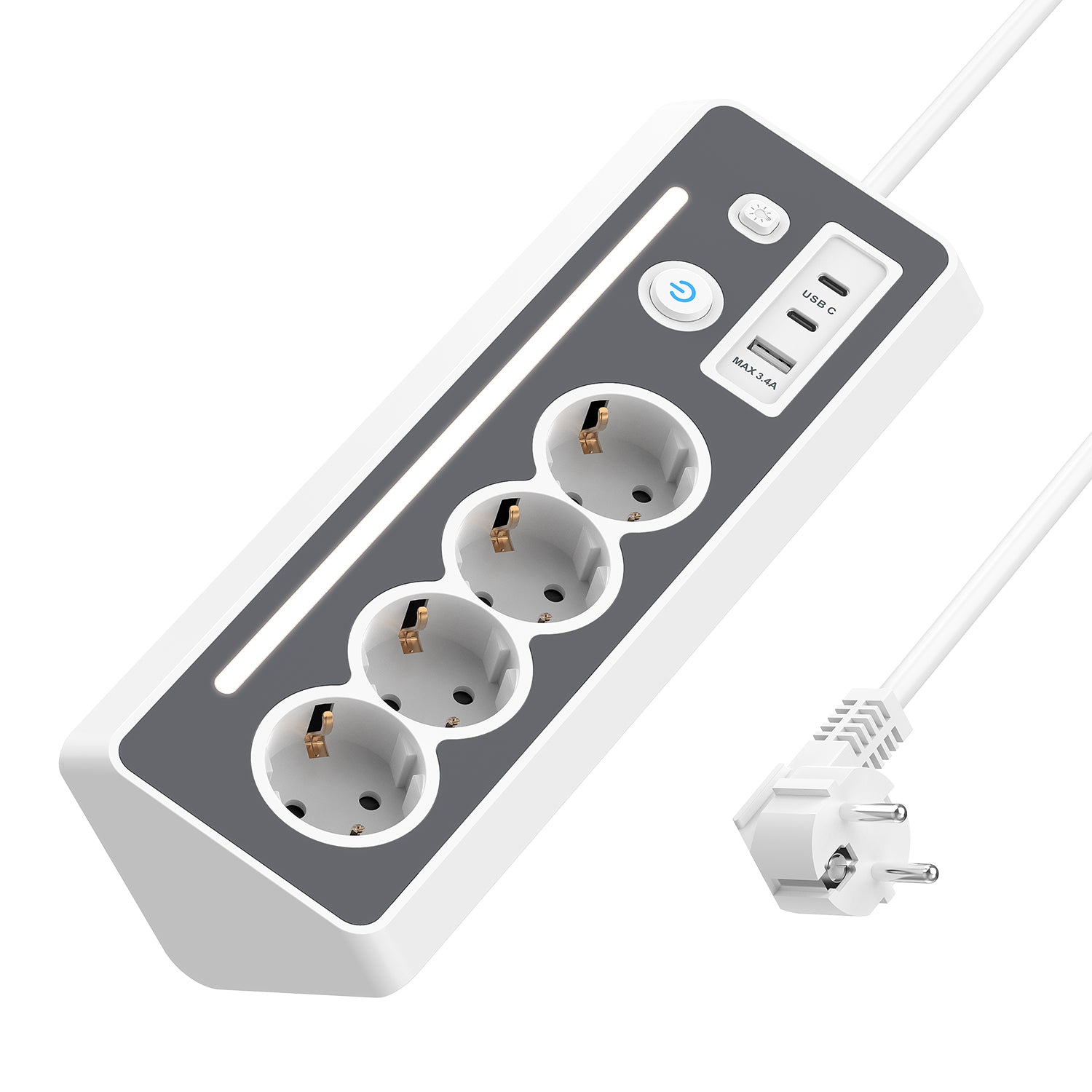 EU-E28 45° Corner Power Strip, 4 AC + 3 USB, 3680W — Main product photo