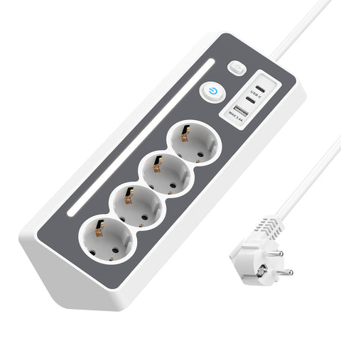 EU-E28 45° Corner Power Strip, 4 AC + 3 USB, 3680W — Main product photo