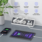 A white and gray multi-outlet power strip with built-in switches and safety features, shown plugged in on a gray tabletop with a phone and tablet charging. Blue icons and text call out features like overload protection, overvoltage protection, short-circuit protection, child safety lock, and 750°C flame retardant material.