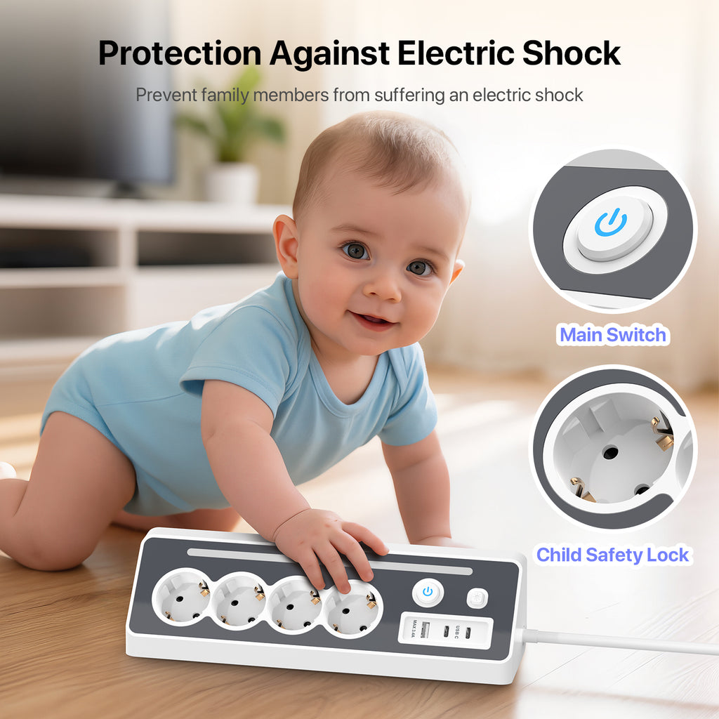 A baby in a light blue onesie crawls toward a white and gray power strip on a wooden floor. The image includes marketing text reading 'Protection Against Electric Shock' and callout circles labeled 'Main Switch' and 'Child Safety Lock'.