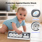 A baby in a light blue onesie crawls toward a white and gray power strip on a wooden floor. The image includes marketing text reading 'Protection Against Electric Shock' and callout circles labeled 'Main Switch' and 'Child Safety Lock'.
