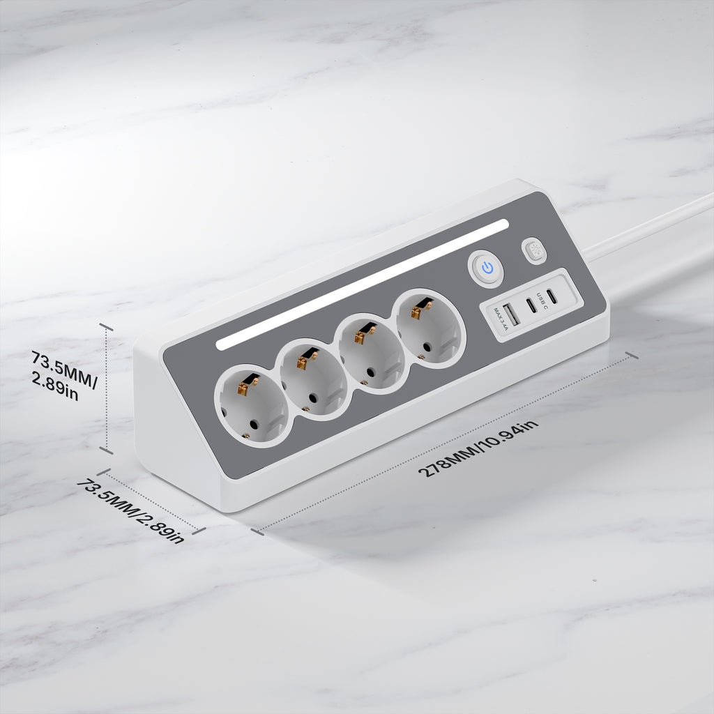 SooPii EU-E28 45° Ecksteckdosenleiste, 4 AC + 3 USB, 3680W