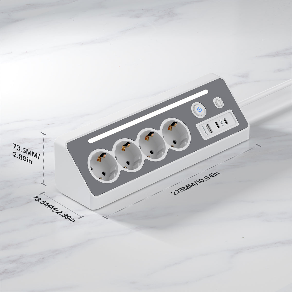 SooPii EU-E28 45° Ecksteckdosenleiste, 4 AC + 3 USB, 3680W