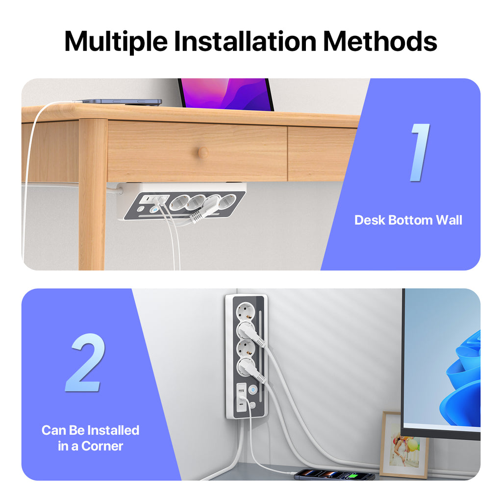 An informational graphic titled 'Multiple Installation Methods' showing two ways to install a wall outlet cover: '1 Desk Bottom Wall' on a wooden desk and '2 Can Be Installed in a Corner' on a white wall near a monitor.