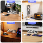 A 2x2 collage showing a white and gray multi-port USB charging desk organizer in use in four real environments: an office desk, a kitchen counter, a bedroom bedside table, and a living room console. The product is shown with multiple wired devices plugged into its built-in wall outlets, alongside wireless earbuds and smartphones.