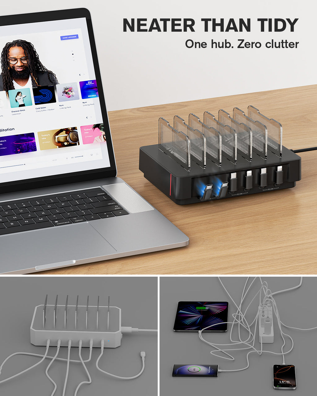 HomeHub H1 60W 6-Port Charging Station with Retractable Cables — Detail 8