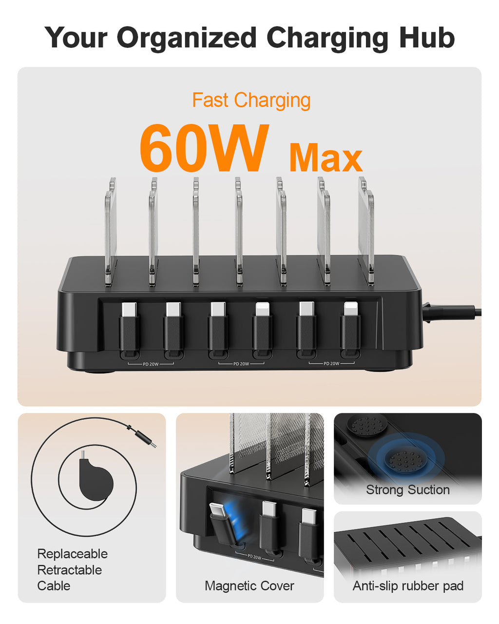 HomeHub H1 60W 6-Port Charging Station with Retractable Cables — Safety protection