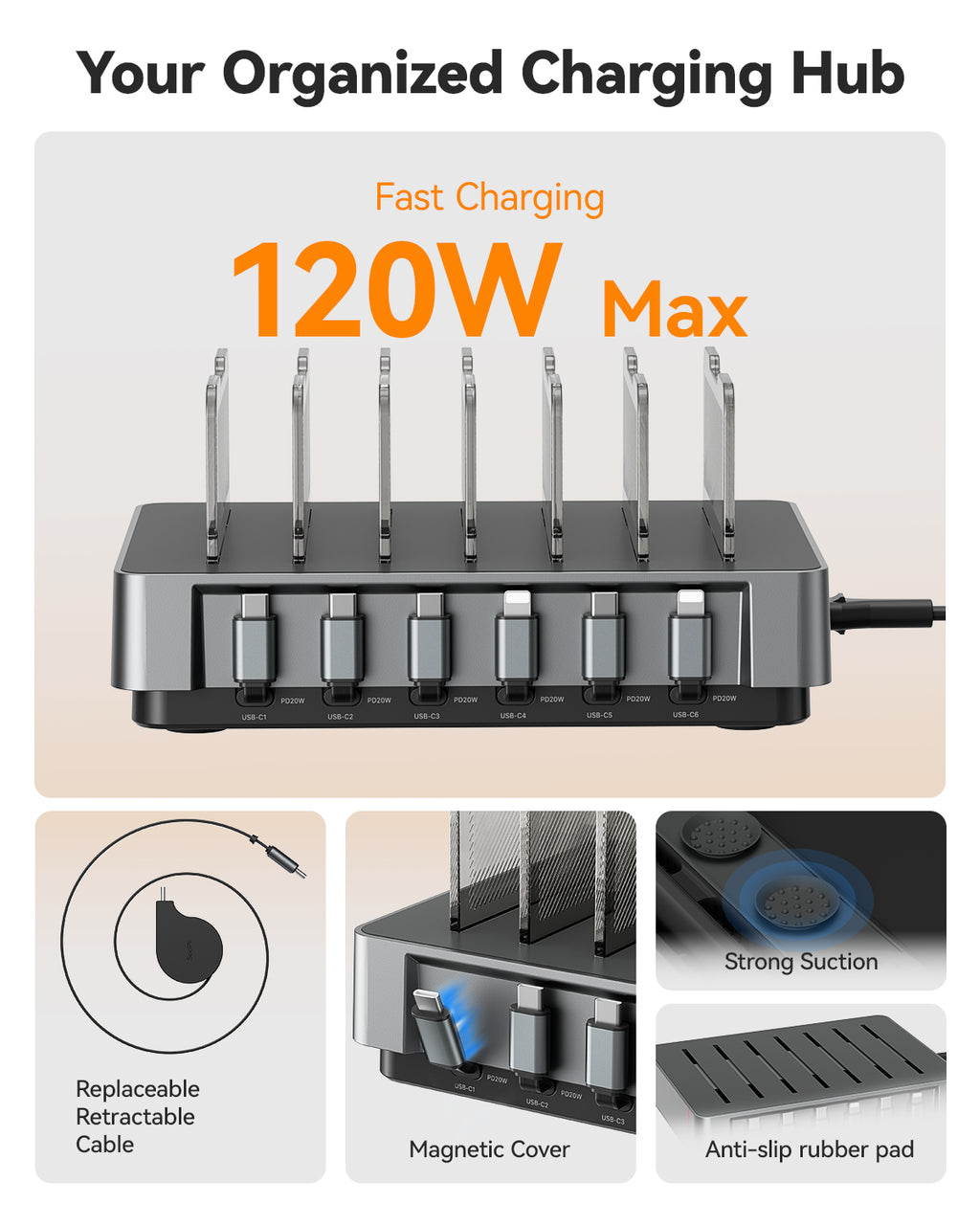 SooPii Charging Station, 120W 6-Port Retractable, H1 Pro EU