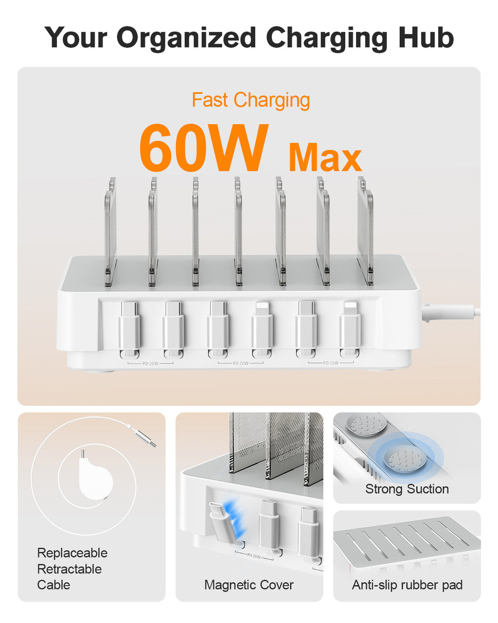HomeHub H1 60W 6-Port Charging Station with Retractable Cables — Detail 14