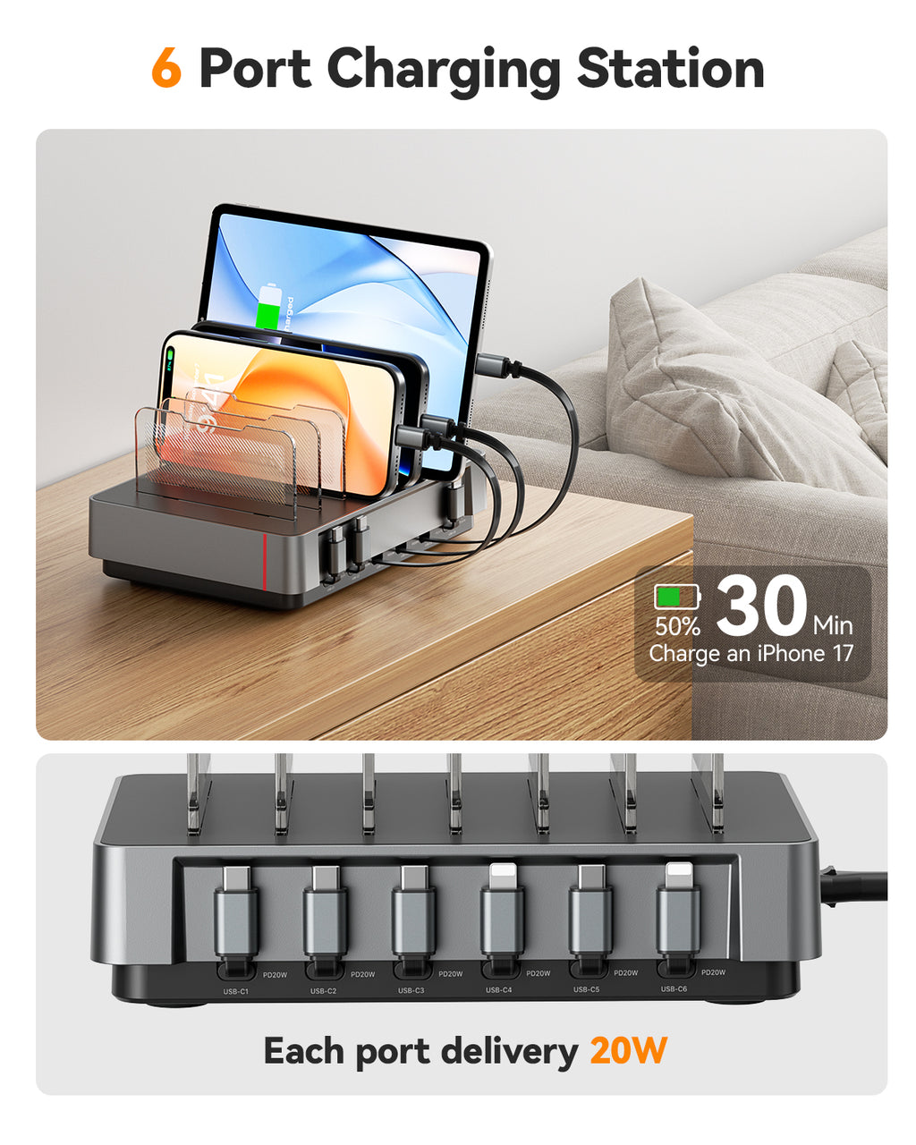 SooPii Charging Station, 120W 6-Port Retractable, H1 Pro EU