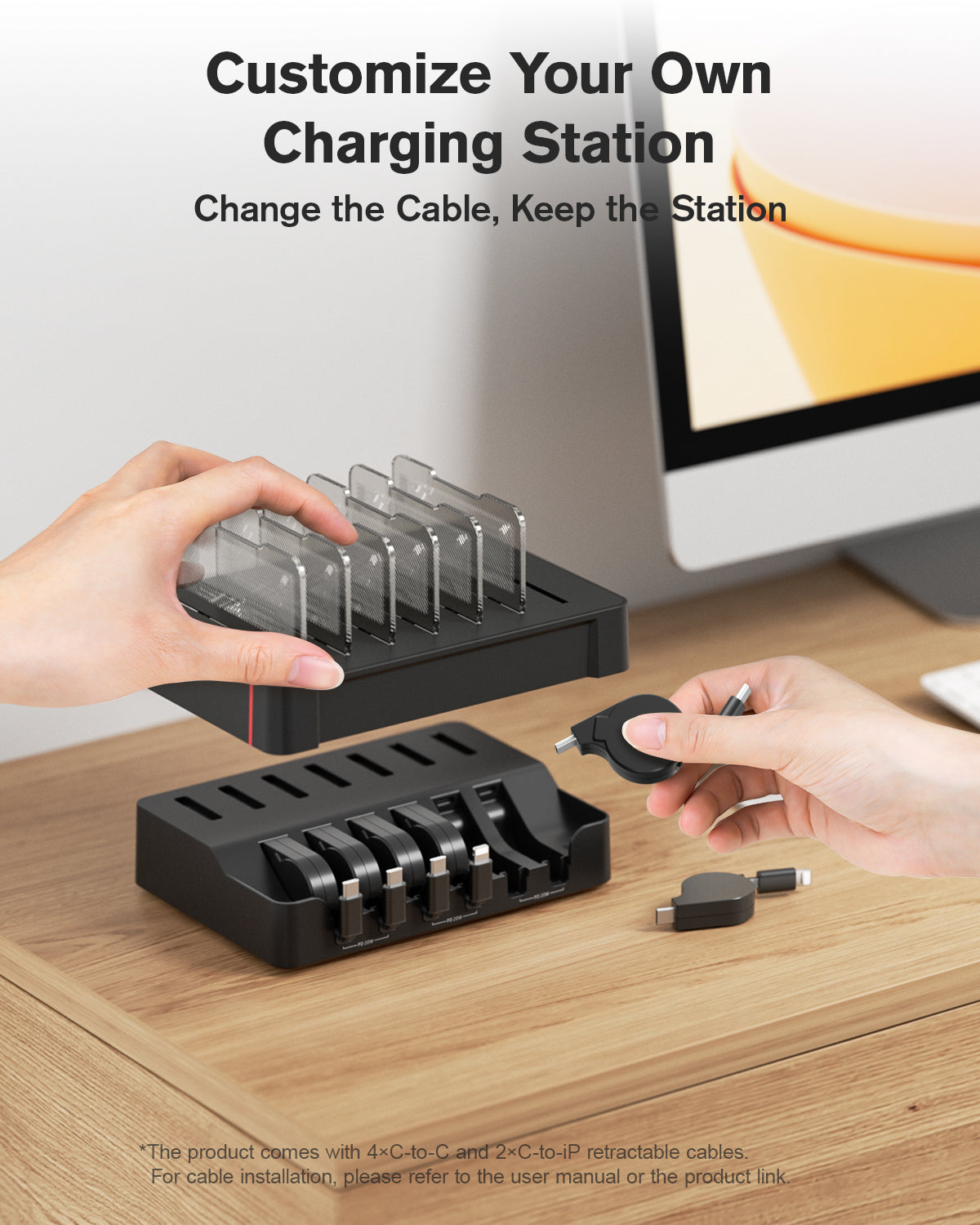 HomeHub H1 60W 6-Port Charging Station with Retractable Cables — Size and dimensions