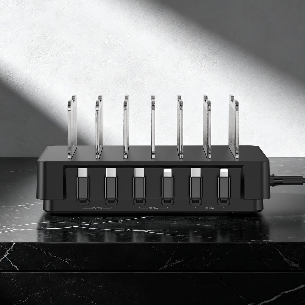 SooPii H1 6-port charging station powering phones and tablets simultaneously